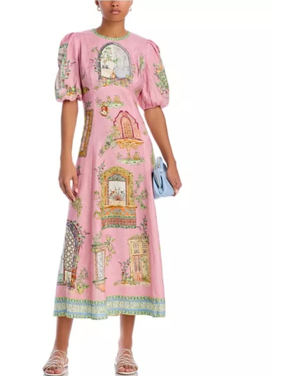 Alemais Monte Linen Midi Dress Pink Printed Flax Puff Sleeve Resort XXL - Picture 3 of 11